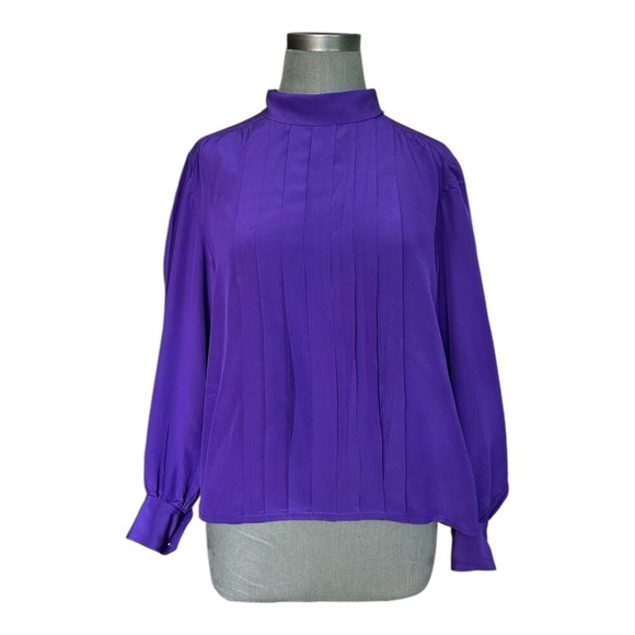 CELINE Paris Purple Silk Mock Neck Button Back Blouse Women's Top EU 46 US L - Picture 1 of 4